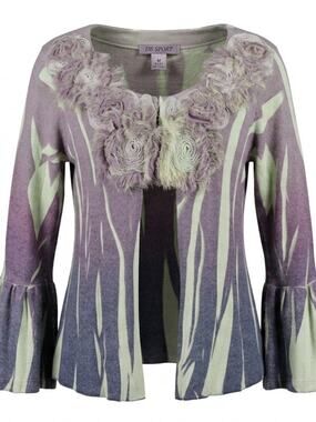 DB Sport Made in USA Abstract Faux Fur Trim Cardigan Sweater Women Size M